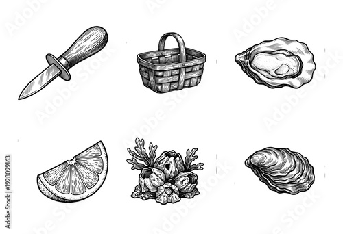 Vintage engraving set of oyster harvesting elements including shucking knife, wicker basket, lemon slice, and barnacles in a classic woodcut line art style.