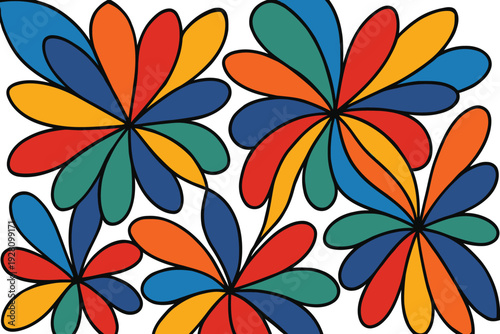 Vibrant abstract floral design with multicolored petals and bold outlines