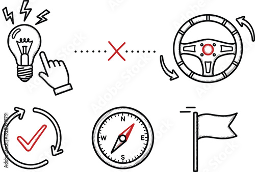 Business strategy icons set featuring lightbulb hand steering wheel compass flag and rotating tick mark