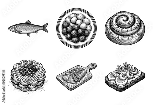 Scandinavian food collection featuring Swedish meatballs, herring, waffles, and smorrebrod in a vintage woodcut engraving style.
