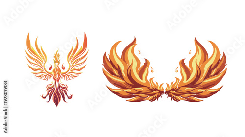 Fire Phoenix Crown vector illustration with clean shapes, bold flaming bird crest emblem in flat design, mystical fantasy symbol isolated on white background for logo and tattoo concept