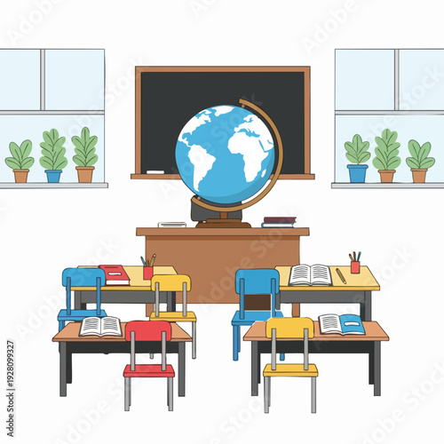 Classroom interior with desks and chalkboard illustration; educational scene in vector art; empty school room with world globe for back to school theme
