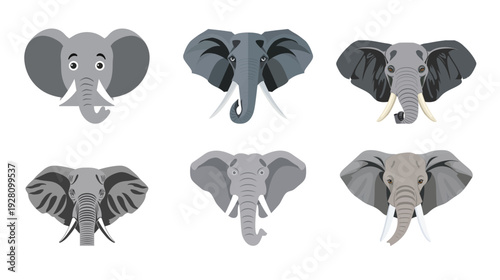 Flat elephant head vector with gray solid color and round eyes, minimalist animal portrait illustration isolated on white background, simple cartoon style for wildlife, logo and educational design