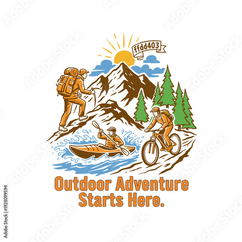 Outdoor adventure activities graphic. Mountain hiking illustration. Kayaking and biking design. Nature exploration vintage artwork. Wilderness sports