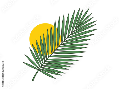 Green palm frond overlaid on a yellow circle against a white background