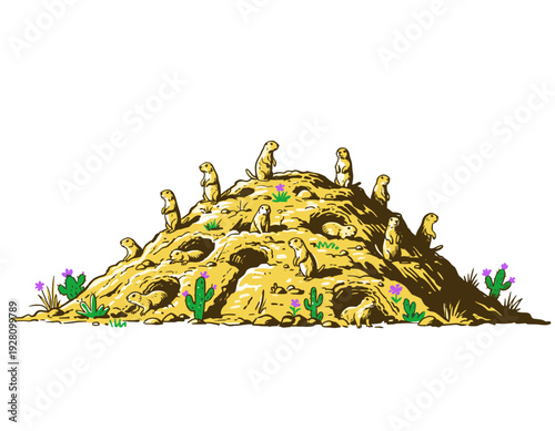 Prairie dogs on a mound illustration. Desert wild animals artwork. Cute prairie dogs vector design. Colony of animals with burrows. Cactus and desert