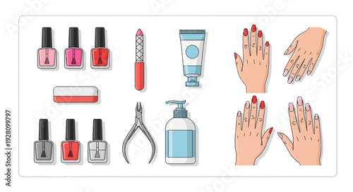 Collection of nail polish bottles, manicure tools and hands showing nail care, concept for beauty salon advertisement, cosmetic product guide and spa service promotion
