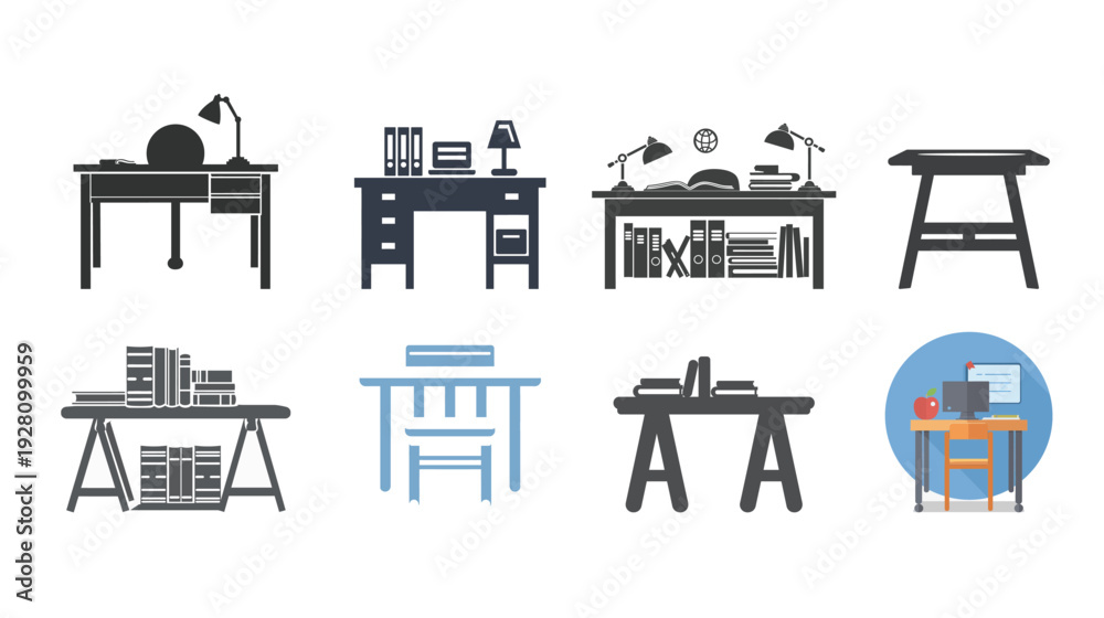 Fototapeta premium Flat learning desk glyph icon in solid stencil vector, minimalist study table illustration with clean lines isolated on white background, simple educational furniture symbol for school, home, and offi