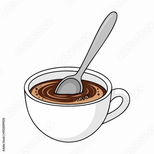 Coffee cup with a spoon stirring illustration of dark brown swirling coffee with white ceramic mug on a white background for commercial use
