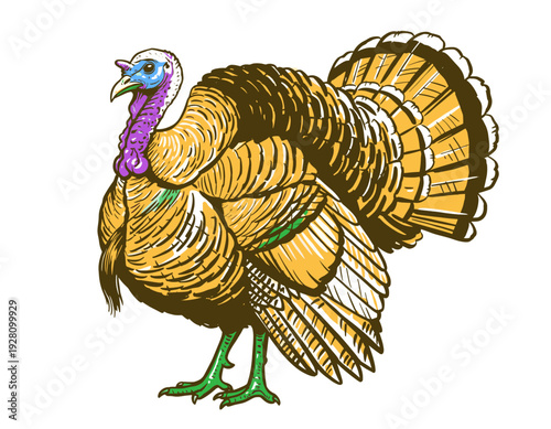 Turkey bird vector artwork. Thanksgiving holiday animal. Harvest festival design element. Vintage style illustration. Farm animal graphic print.