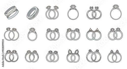 Collection of wedding and engagement ring icons in various styles for jewelry store visual identity, concept for romantic marketing materials, proposal announcements and luxury branding