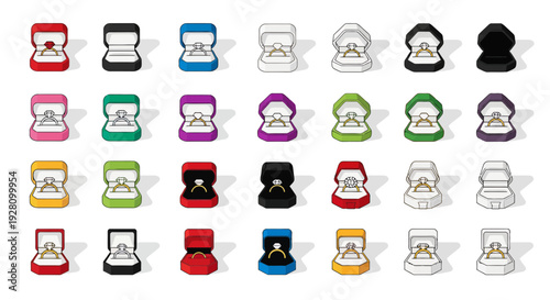 Collection of various colored jewelry boxes displaying engagement rings with diamond, concept for jewelry retail website, luxury brand promotion and valentine's day marketing