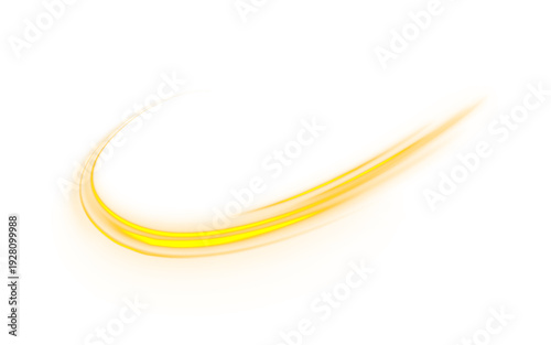 Golden neon light ribbon twists smoothly on a transparent background. Bright glowing edges create a magical radiant effect. Ideal for luxury themed digital compositions.