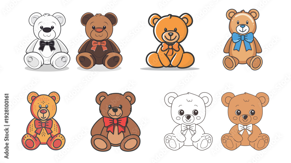 Obraz premium Flat style teddy bear with bow line art, cute minimalist stuffed animal illustration isolated on white background, simple vector design for children, toy, and nursery decoration concept