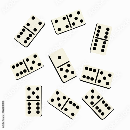 Collection of ivory domino tiles arranged randomly on a white background for a classic game night concept and board game illustrations