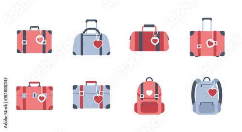 Flat design set of various luggage and travel bags with heart shaped luggage tags, concept for honeymoon travel planning, romantic getaway inspiration and vacation packing list