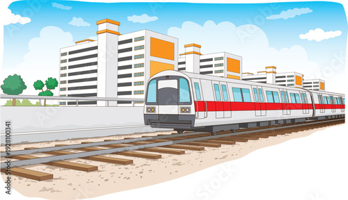 Singapore’s MRT train traveling past HDB flats with greenery captures the everyday urban landscape of the city. It’s a neat blend of transport efficiency and city living.