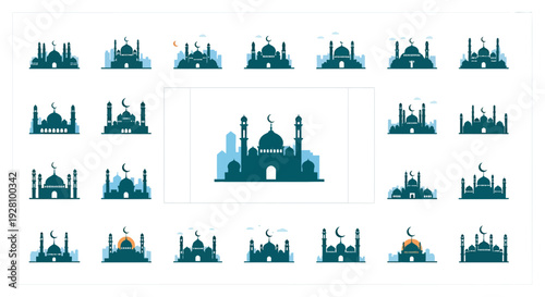 Collection of mosque silhouette icons with domes and minarets against a city skyline, concept for Islamic holiday greeting card, cultural event promotion and religious website design