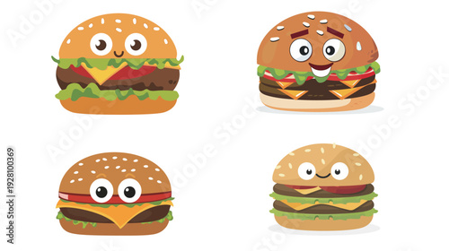 Flat vector cartoon hamburger with eyes, cute fast food character illustration with fun expression isolated on white background, playful minimal design for menu, restaurant, and snack concept