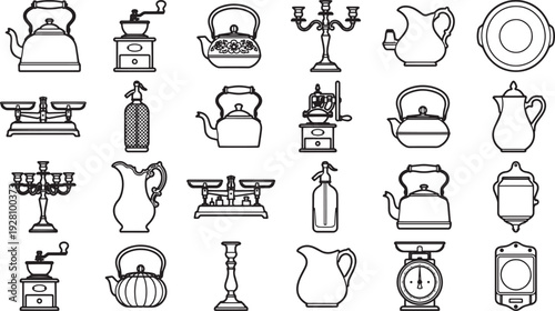 Collection of vintage kitchen utensil, evoking a sense of nostalgia for classic culinary practices. Capturing a variety of kitchen tools in an elegant and timeless style.