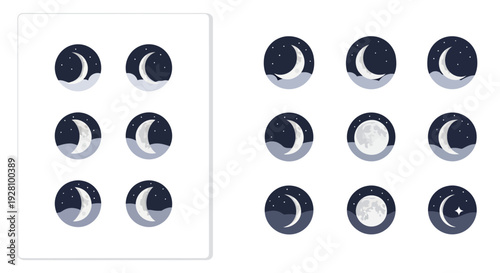Set of twelve crescent and full moon phases icons against a starry night sky, concept for astronomy application, celestial body illustration and nocturnal weather forecast design