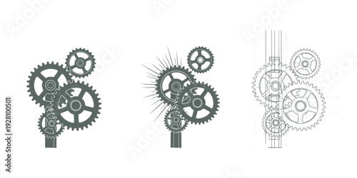 Set of three steampunk style gear mechanisms vector gray silhouette outline