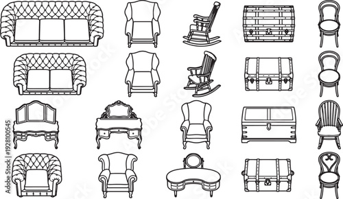 Various vintage furniture sets showcase a range of interior design styles, from cozy sofas to classic rocking chairs, and ornate dressers.