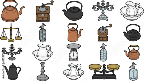 A collection of vintage household objects, illustration style in black and white, evokes nostalgia and everyday charm.