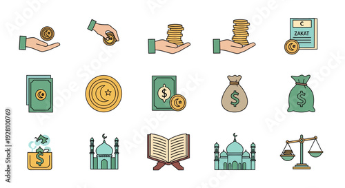 Set of Islamic finance and Zakat icons including coins, money bags and mosque illustrations, concept for religious charity documentation, financial planning and annual contribution reports