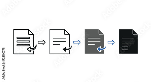 Sequence of document icons showing progression and transformation from outline to solid