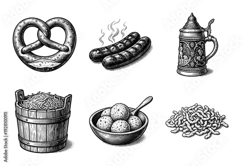 Vintage woodcut style collection of traditional German food and drink featuring pretzel, bratwurst, beer stein, sauerkraut, and dumplings.