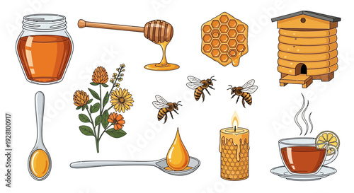 Honey related illustrations jar dipper comb hive bees flowers tea