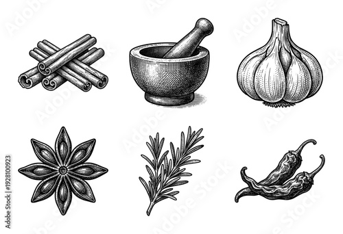 Vintage woodcut style collection of culinary spices and kitchen tools including cinnamon garlic star anise rosemary chili peppers and mortar with pestle.