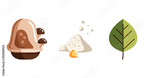 Set of natural ingredients icons featuring a mushroom house, flour pile with corn kernel and green leaf, concept for organic food packaging, healthy diet infographics and natural product labeling