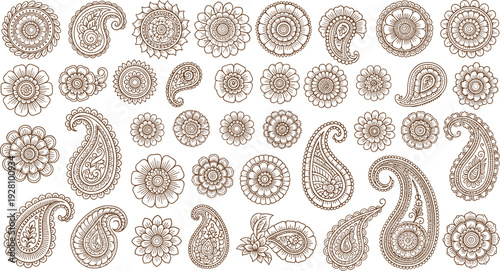 Floral mandala and paisley henna ornament collection traditional mehndi decorative elements for wedding tattoo vector set