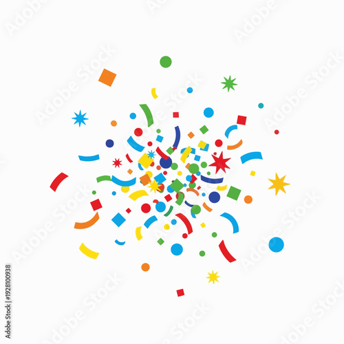Colorful explosion of confetti with stars and circles on white backdrop for party decorations and celebratory design elements