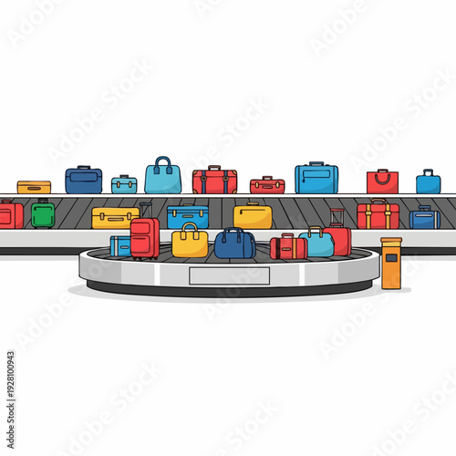 Colorful illustration of suitcases on conveyor belt at airport baggage claim travel transportation concept cartoon style design for commercial use