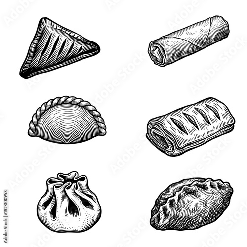 Vintage style hand drawn engraving of assorted savory pastries and dumplings including samosa empanada and spring roll on white background.