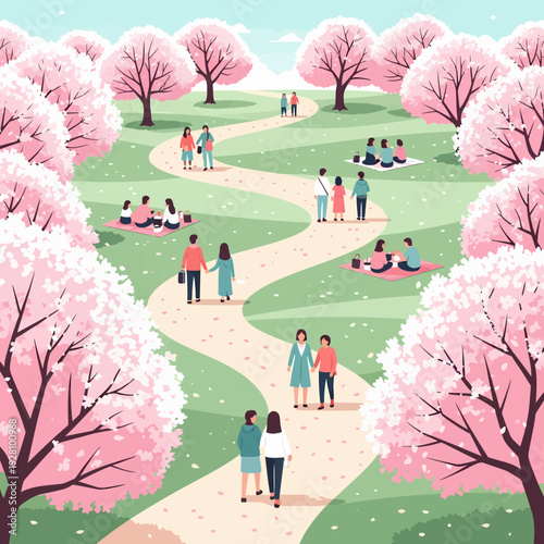 An aerial view of a vibrant spring park filled with blooming cherry blossom trees, winding paths, and various groups of people enjoying picnics and leisurely strolls.