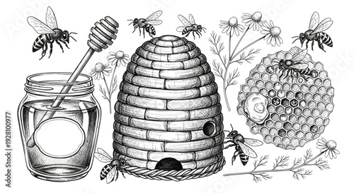 Honey themed illustration bees hive honey jar and comb elements