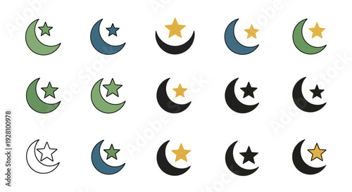 Set of fifteen crescent moon and star icons in various flat and outline styles, concept for religious holiday design, cultural symbolism use and graphic interface element