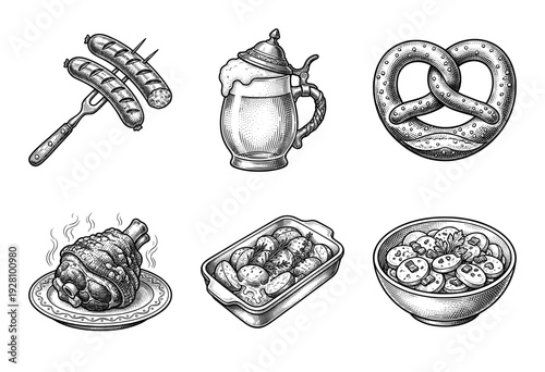 Vintage woodcut style collection of traditional German cuisine featuring bratwurst beer stein pretzel pork knuckle and potato salad