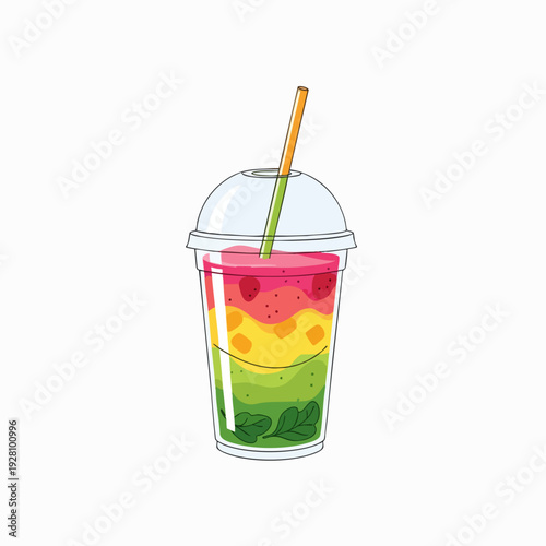 Colorful layered smoothie vector illustration with straw; vibrant blend of fruits and greens in a glass for healthy eating concepts