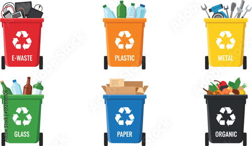 Recycling waste sorting bins with e waste plastic metal glass paper and organic garbage flat vector illustration