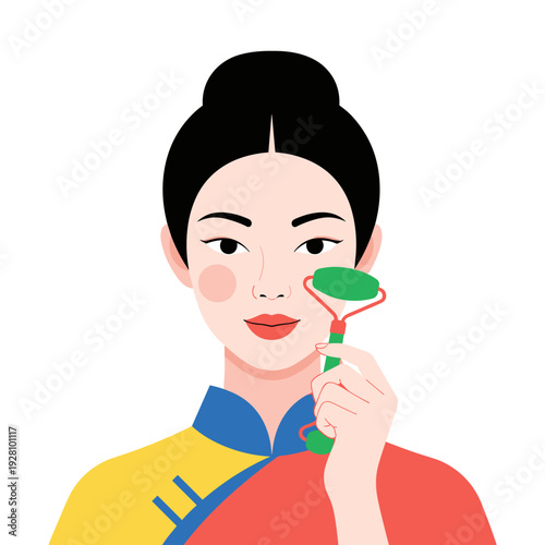 Chinese woman using jade roller on face in traditional outfit  