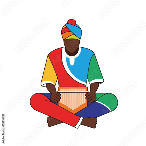 African musician playing thumb piano in colorful traditional attire  