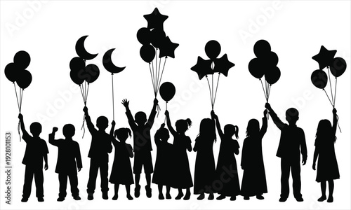 Silhouette of children and adults holding balloons in various shapes on white background