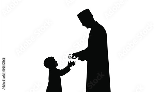 Silhouette of a man giving a flower to a little child in a simple black illustration