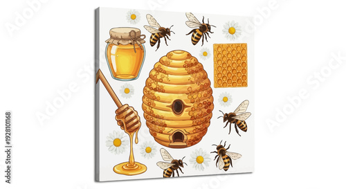 Honeybee hive and honey jar composition on white background