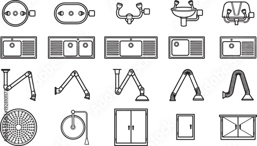 An array of plumbing fixtures and appliances, offering a bird's-eye view, rendered in a simple monochrome line drawing. Perfect for architectural design.
